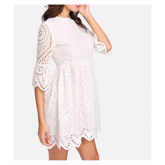 White 3/4 Sleeve Eyelet Lace Dress - Picture 3 of 7